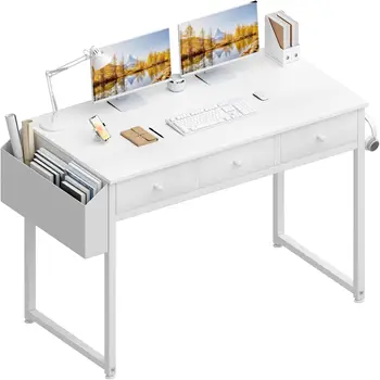 Lufeıya Küçük Beyaz Bilgisayar Masası Kumaş Çekmeceli Ev Ofis Yatak Odası için, 40 İnç Makyaj Masası Çekmeceli Depolama