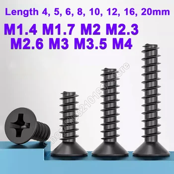 M1. 4,M1.7,M2,M2.3,M2.6,M3,M3.5, M4 Mini Mikro Küçük Çapraz Phillips Havşa Düz Kafa Düz Kuyruk akıllı vidalar Siyah Çinko