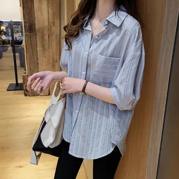 Moda Kadın Bluzlar 2023 pamuklu uzun kollu tişört Gömlek Tops Kadın Bluz Gömlek Çizgili Üst Kore Vintage kadın Q425