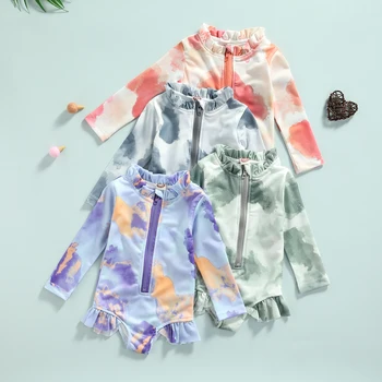 2021-06-22 Lioraitiin 4 Renk Yaz Çocuk Kız Mayo 1 - 5Y Batik Baskılı Ruffles Uzun Kollu Fermuar Beachwear Kıyafetler