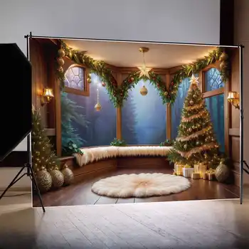 ay.QG Zemin Noel Altın Yıldız Topu Ağacı Süsler Dekorasyon Ev Arka Plan Hediye Pencere Orman Ahşap Zemin Photoshoot