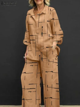 ZANZEA Zarif 2 ADET Bayan Kıyafetler Bahar Moda Baskılı Eşleşen Setleri Gevşek Çalışma Pantolon Setleri Uzun Kollu Gömlek Pantolon Takım Elbise
