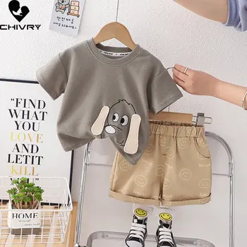 Erkek Yaz Giyim Takım Elbise Yeni 2023 Erkek Bebek Kısa Kollu Yuvarlak Boyun Karikatür Köpek T Shirt Üstleri Şort Çocuk Giyim Setleri
