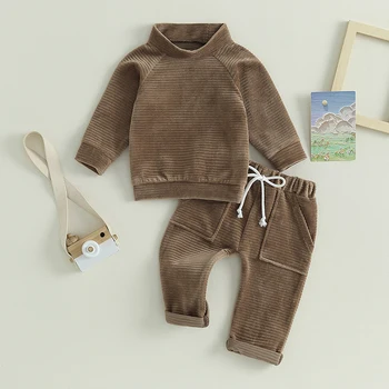 EWODOS Toddler Bebek 2 Adet Kıyafet Setleri Çizgili Peluş Uzun Kollu Kazak Elastik pantolon seti Bebek Kız Erkek Sıcak Giysiler