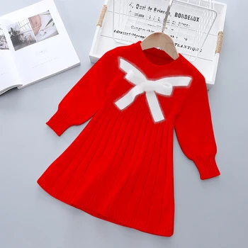 2021 Çocuk Giyim Kız Kırmızı Elbise Çocuk Giyim İçin Tatlı Prenses Elbise Kızlar İçin Sonbahar Kış Bebek Kız Kazak Elbise