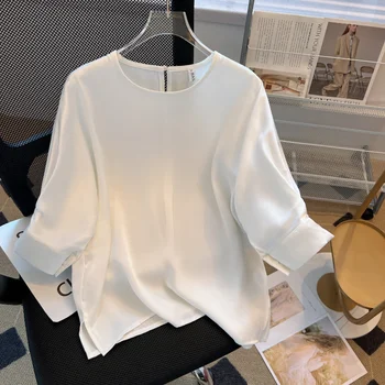2023 Yaz O Boyun Beyaz Saten Kadın Bluz Casual İnci Zarif Bluzlar Kısa Kollu Şifon Gömlek Kadın Gevşek Üstleri Mujer 27656