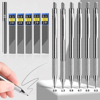 Metal Mekanik kurşun kalem seti 0.3 0.5 0.7 0.9 1.3 2.0 mm HB Kurşun Yedekler Sanat Kurşun Tutucu Metal İşaretleyici Taslak Çizim Yazma