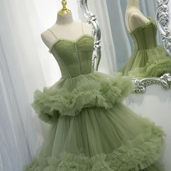 Yeşil Tül Balo Katmanlı Abiye Sevgiliye Ruffles Kadın Elbise Zarif Elbise Kadın Dantel-up Geri Balo Elbise