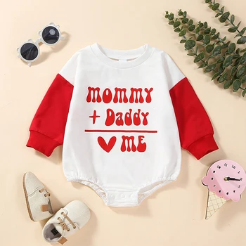 Bebek Kız Erkek Tişörtü Tulum sevgililer Günü Giysileri Mektup Kalp Baskı Kontrast Renk Uzun Kollu Bodysuits Tulumlar