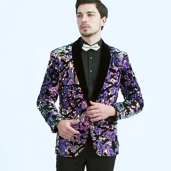 Erkek Glitter Sequins Kadife Smokin Blazer Slim Fit Şal Yaka Takım Elbise Ceket Şarkıcı Sahne Konak Akşam Parti Yemeği Balo