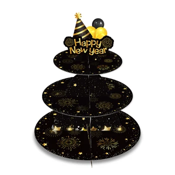 3 Katmanlı Mutlu Yeni Yıl Kek Ekran Standı Yılbaşı Gecesi Siyah Altın Tatlı Cupcake Raf Tutucu Kek Tepsisi Parti Dekorasyon İyilik