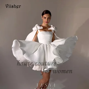 Viisher Sparkly Beyaz Kısa balo kıyafetleri Kadınlar ıçin Ipek Saten Bir Çizgi Straplez Akşam Parti Elbise ıle Yay Cepler