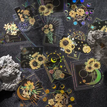 20 adet Vintage Ay Çiçek Siyah Çıkartmalar Lazer Folyo Altın Kolaj Önemsiz Günlüğü Planlayıcısı Galaxy Etiket Albümü Scrapbooking Malzeme